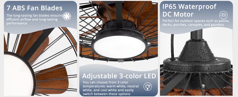 LEDIARY Outdoor Ceiling Fans with Lights, IP65 Waterproof Gazebo Fan with Hanging Hook,6 Speeds, 3CCT, 20 Inch Wet Rated Plug in Ceiling Fan for Patios,Porch, Pergola,Canopy