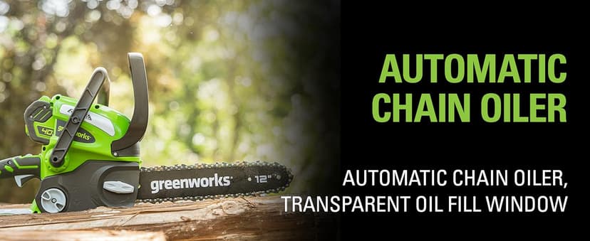 Greenworks 40V 12" Cordless Compact Chainsaw (Great For Storm Clean-Up, Pruning, and Camping), 2.0Ah Battery and Charger Included