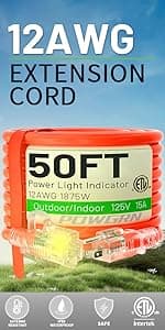 50 ft 12/3 Outdoor Extension Cord Waterproof Heavy Duty with Lighted Indicator End 12 Gauge 3 Prong, Flexible Cold-Resistant Long Power Cord Outside, 15Amp 1875W SJTW Yellow ETL Listed