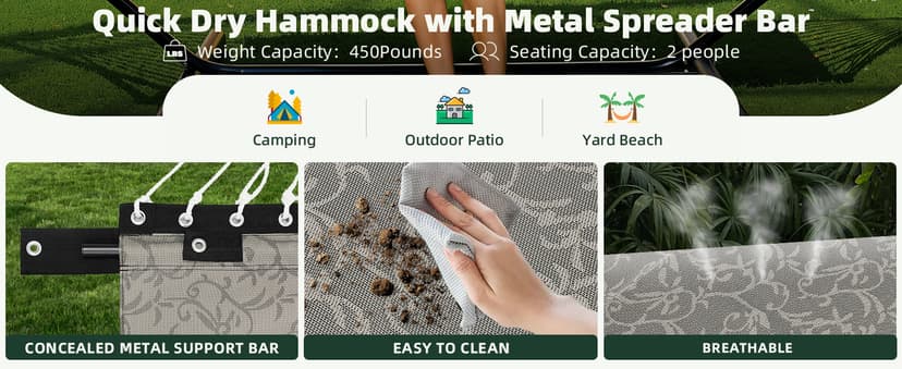 Patio Watcher 13 FT Quick Dry Textilene Hammock - Outdoor Double Hammock - Heavy Duty for Outside - 450 lbs Capacity - Mocha