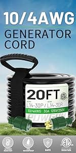 75Feet 30 Amp Generator Extension Cord 4 Prong,Heavy Duty NEMA L14-30P/L14-30R,125/250V 7500W,Green 10 Gauge STW Twist Locking Generator to House Power Cords with Cord Organizer,ETL Listed