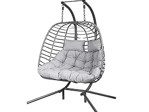 HWB Hanging Egg Chair with Stand, Patio Wicker Hammock Egg Swing Chair with Cushion for Bedroom Garden Indoor Outdoor (Grey)