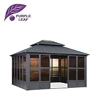 PURPLE LEAF 10' X 12' Permanent Hardtop Gazebo Aluminum Gazebo with Galvanized Steel Double Roof for Patio Lawn and Garden, Curtains and Netting Included, Grey
