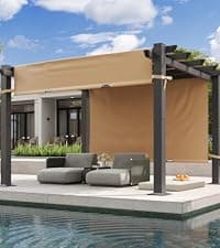 Aoxun 10'x10' Outdoor Pergola, Retractable Adjustable Roof, Aluminum Sun Shade Canopy, Modern Metal Patio Brown Shade Cover for Garden, Backyard and Deck