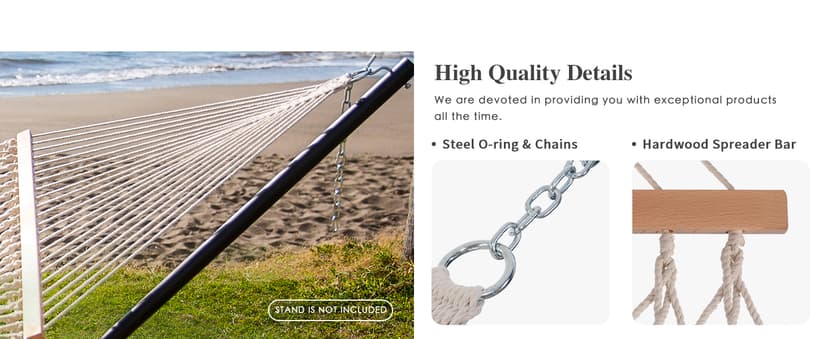 SUNCREAT Hammocks Traditional Rope Double Hammock with Hardwood Spreader Bar and Carrying Bag, 450 lbs Capacity, Natural