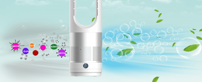 Bladeless Heater and Fan Combo, 1400 Watt Heater Fan and 40 Watt Cold Fan, 80° Oscillating Fan, All the Season Use, Remote and Touch Control, Floor Tower fan, Office Room, Bedroom, Blue White