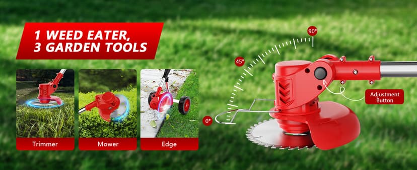 Electric Weed Wacker Cordless with Wheels,21V 2×2000mAh Weed Eater Battery Powered, 6-inch Cordless String Trimmer with 3 Types of Blades, Electric Grass Trimmer,Lawn Edger, Mower for Yard,Garden