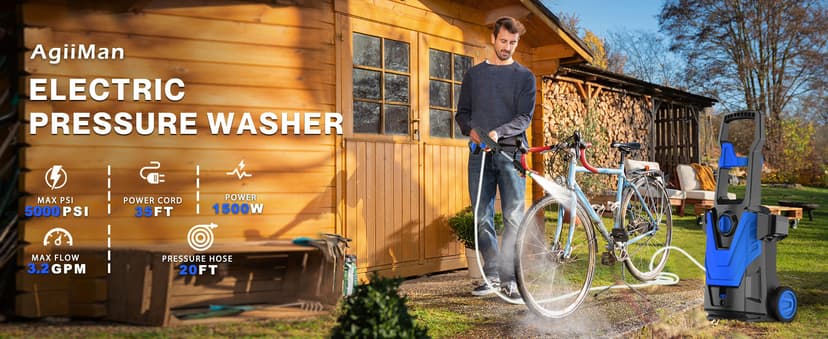AgiiMan Electric Pressure Washer, 5000PSI Max 3.2GPM Power Washer Electric Powered with 20FT Hose, 4 Nozzles, Foam Cannon, High Pressure Cleaner Machine for Cars, Patios, Driveways, Fences, Navy