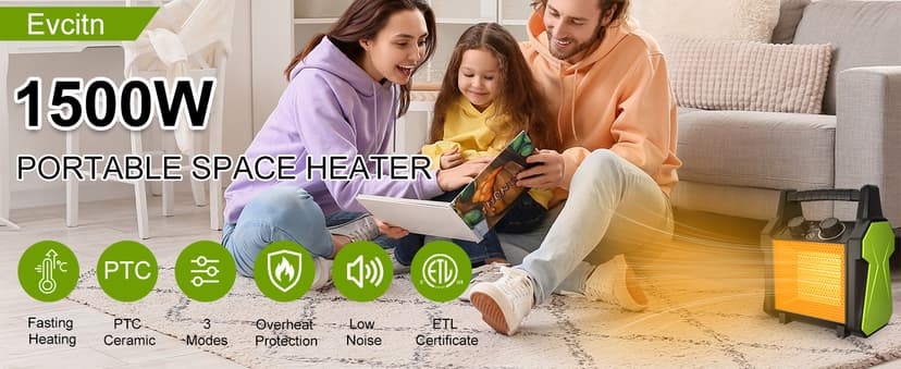 Outdoor Heater for Patio, 1500W PTC Ceramic Electric Space Heater with Overheat Protection, Safe & Fast Greenhouse Heater for Workshop, Flower Room, Camping, Green