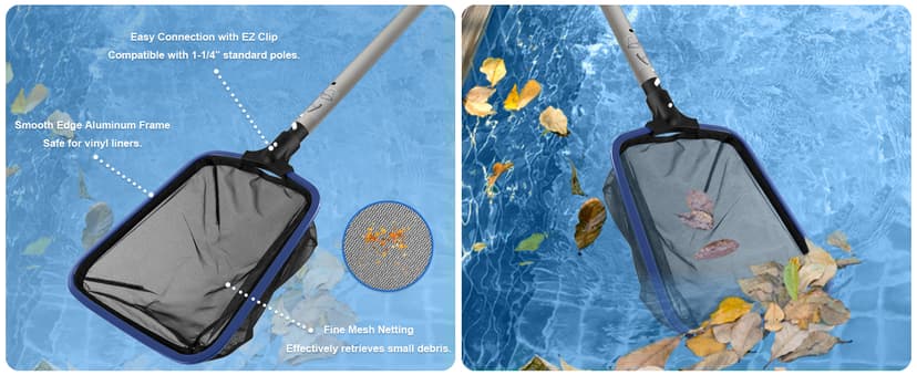 Poolvio 5-in-1 Pool Cleaning Kit - Includes Semi-Deep Skimmer Net, Aluminum Leaf Rake, 20' Pool Brush with 13ft Adjustable Pole