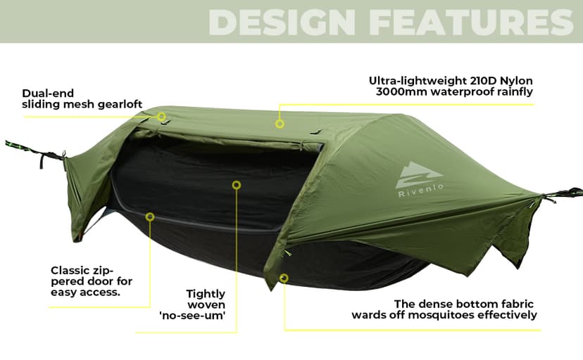 Camping Hammock Tent with Mosquito Net & RainFly, 3 in 1 Waterproof Lightweight Portable Sleeping Hammock Bug, Travel Outdoor Gear with Tree Strap Swing, for Hiking Patio Expedition