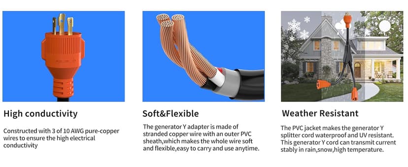 30 Amp to 15 Amp Generator Y Splitter Adapter Cord,NEMA L5-30P Male Plug to 5-15R Female,Heavy Duty STW 10 AWG for Generator, ETL Listed, Orange