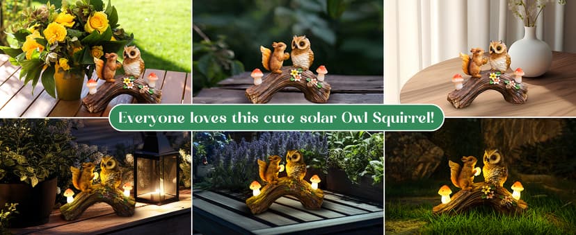 Solar Owl Garden Statues Outdoor Decor Resin Owl Squirrel Figurine with Mushroom Lights for Patio Lawn Yard Decorations Christmas Housewarming Gardening Gifts for Women Mom