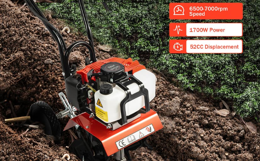Garden Tiller Cultivator,52CC 2-Stroke Gas Powered Engine Rototiller Garden Tool with Widened Mud Flap Cordless with Long Handle Strong Power Garden Cultivator for Plowing Turning Soil Ditching