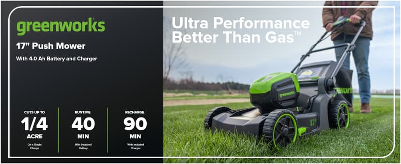 Greenworks 60V 17" Brushless (Push) Lawn Mower, 4.0Ah Battery and 3A Charger
