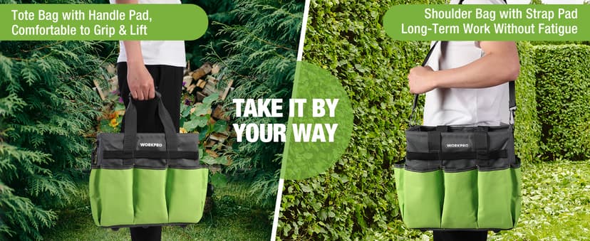 WORKPRO Garden Tool Bag Organizer, Heavy Duty Gardening Tote Bag with 10 Pockets and Long Adjustable Shoulder Strap, Standable Garden Home Tool Kits Organizer, Green