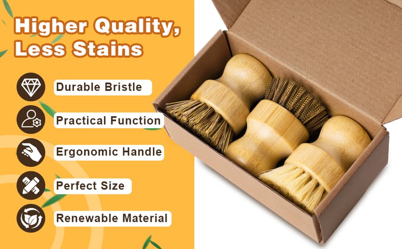 Bamboo Dish Brush Set, 3 Pcs Wooden Scrubber, Brass Brush and Pot Brush with Sisal and Palm for Cleaning Vegetables, Pots and Ovens