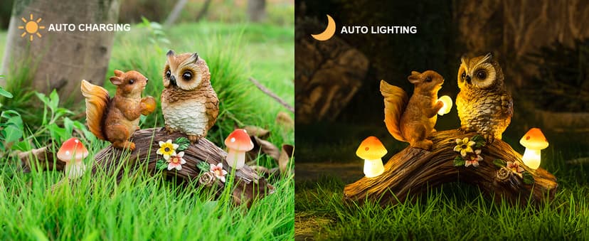 Solar Owl Garden Statues Outdoor Decor Resin Owl Squirrel Figurine with Mushroom Lights for Patio Lawn Yard Decorations Christmas Housewarming Gardening Gifts for Women Mom