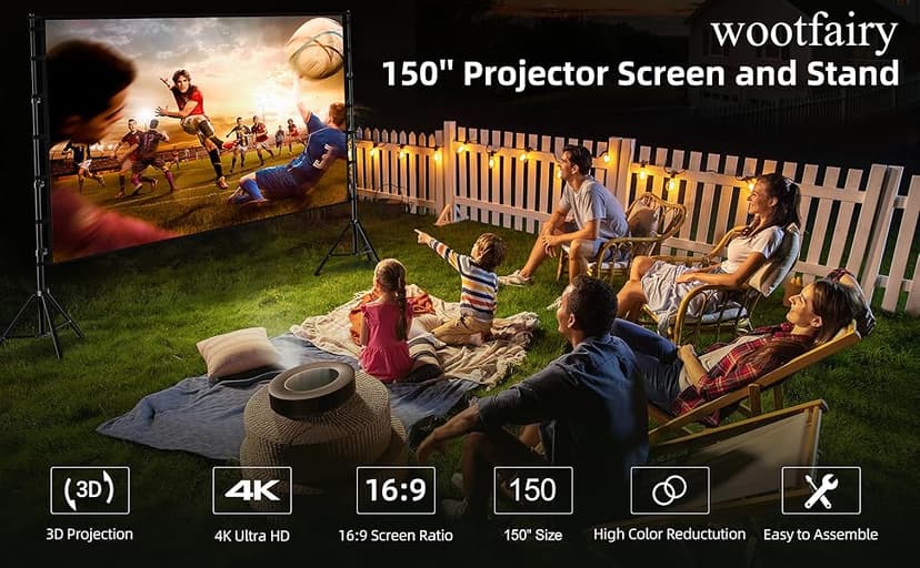 Projector Screen with Stand, Wootfairy 150 inch Portable and Foldable Projection Screen 4K HD 16:9 Rear Front Wrinkle-Free Movie Screen with Carry Bag for Indoor Outdoor Home Theater Backyard Cinema