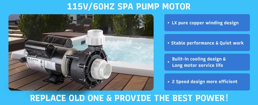 SPA Pump, 2 Speed Hot Tub SPA Pump - 1.5HP LX SPA Motor, 115V, 2"Port, 48 Frame - (Model: 48WUA1001C-II)