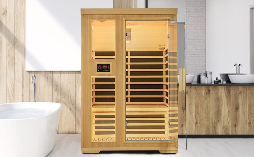 2-Person Infrared Sauna, Indoor Home Sauna Room Hemlock Wood Sauna Low EMF Far Infrared Heating with Tempered Glass Door Bluetooth Speakers, Chromotherapy Lights for Family(110V, 1850W)Truck delivery
