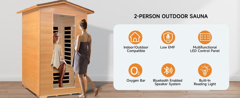 Outdoor Sauna 2 Person Far Infrared Saunas Dry Home Sauna Room Hemlock 1 to 2 Person Wood Sauna 1950W/110V Low EMF with Bluetooth Speaker, Reading Light, Cup Holder and Towel Rack - 47*39*82 IN