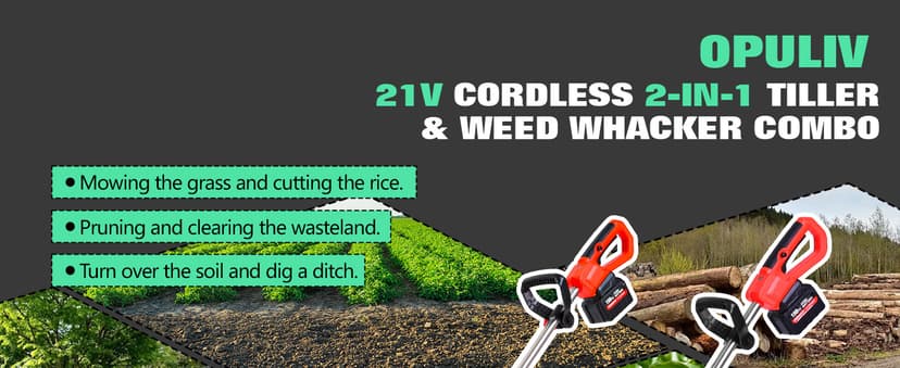 21V Cordless 2-in-1 Tiller & Weed Whacker Combo | 12"x9" Rototiller, 4x4 Blades & 8" Trimmer - 2×21v Battery, 360 RPM for Gardening, Garden Tiller, Electric Tiller, Cultivators for Gardening