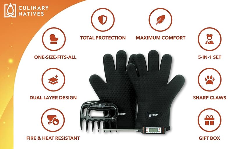 Meat Claws and Smoker Gloves | No.1 Extreme Heat Resistant BBQ Grill Gloves | Non-Slip Waterproof Silicone Oven Mitts | Pulled Pork Claws | Thermometer | Barbecue, Grilling, Smoking, Shredding (Black)