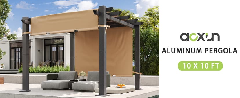 Aoxun 10'x10' Outdoor Pergola, Retractable Adjustable Roof, Aluminum Sun Shade Canopy, Modern Metal Patio Brown Shade Cover for Garden, Backyard and Deck