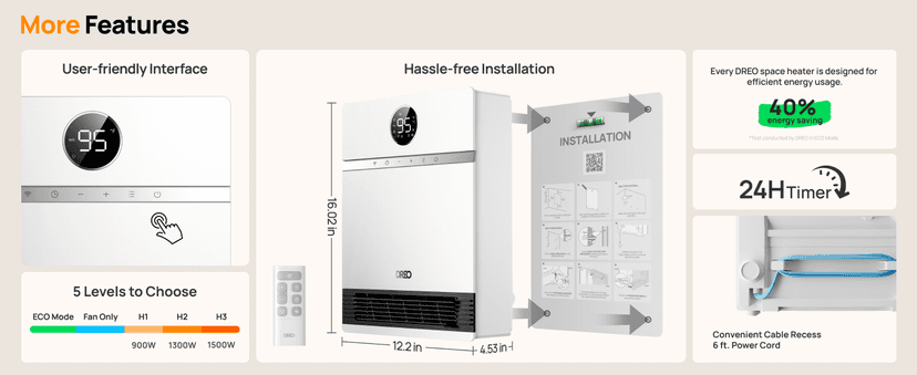 Dreo Smart Wall Heater, IP24 Electric PTC Space for Indoor Use, 30 Oscillation, Adjustable Thermostat, Remote Control, Works With Alexa, 24H Timer, Easy-Mounted for Bedroom, Office