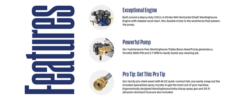 Westinghouse WPX3600 Gas Pressure Washer, 3600 PSI and 2.7 Max GPM, Onboard Soap Tank, Spray Gun and Wand, 5 Nozzle Set, for Cars/Fences/Driveways/Homes/Patios/Furniture