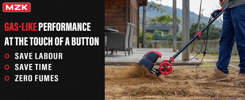 MZK 10-Amp 12-Inch Corded Electric Tiller/Cultivator for Gardening, 8-inch tillling Depth with Adjustable Wheels, Electric Garden Rototiller for Garden Soil Digging