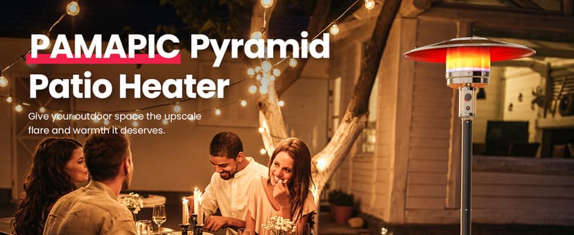 PAMAPIC 48000 BTU Patio Heater, Outdoor Propane Heater 2 in 1 Table Design, Double-Layer Stainless Steel Burner, Wheels, Triple Protection System, Outdoor Heater for Home and Residential,Black