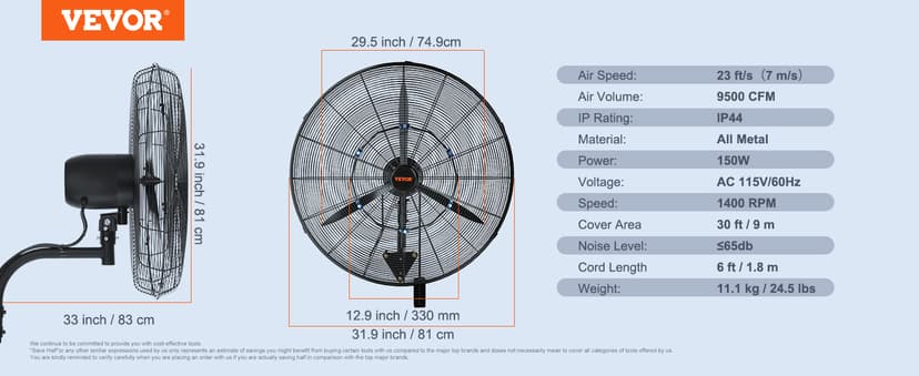 VEVOR 30 Inch Wall-Mount Misting Fan, 3-speed IP44 Waterproof Oscillating, Max. 9500 CFM Wall Mounted Fan for Outdoor, Commercial, Residential, Greenhouse, Workshop, Patio, Black, ETL Listed