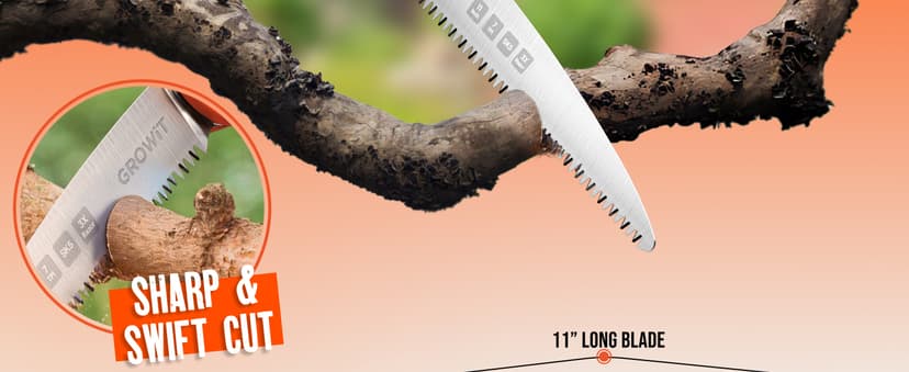 GROWIT Folding saw 11 Inch - Heavy Duty Pruning Saw with Triple-Cut SK5 Blade, 7 TPI Razor Teeth for Tree Trimming, Wood Cutting, Camping, Bushcraft, and Gardening