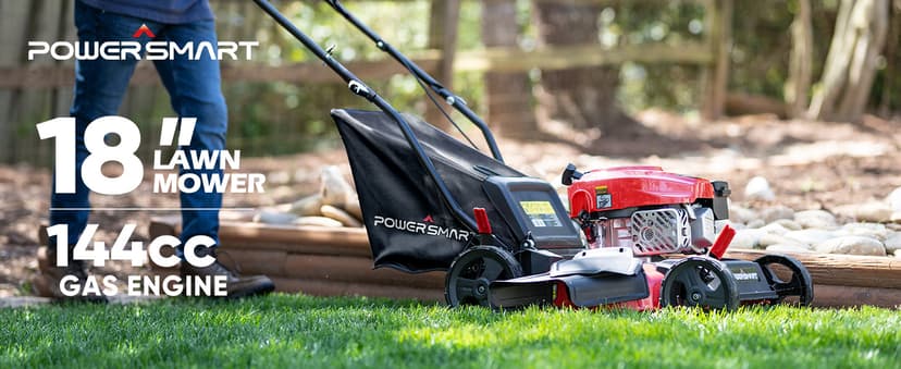 PowerSmart Lawn Mower Gas Powered, 18-Inch 144cc Engine 3-in-1 Walk-Behind Push Lawn Mower, Oil Included
