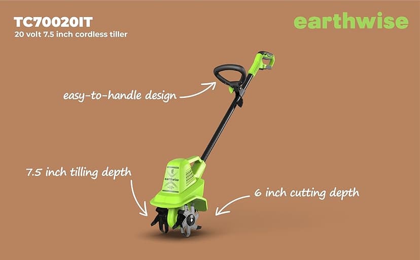 Earthwise Power Tools by ALM TC70020IT 20-Volt 7.5-Inch Cordless Electric Garden Tiller Cultivator, (2AH Battery & Fast Charger Included), Green