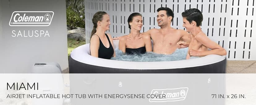 Coleman Miami AirJet Large Round 2 to 4 Person Inflatable Hot Tub Portable Outdoor Spa with 120 AirJets and EnergySense Cover, Black