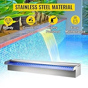VEVOR Pool Fountain Stainless Steel, Pool Waterfall 23.6" x 4.5" x 3.1"(W x D x H) with LED Strip Light, Waterfall Spillway Rectangular Garden Outdoor