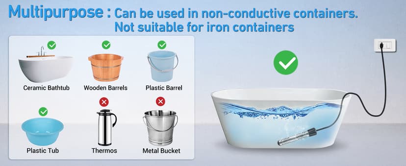 Immersion Water Heater Electric, 2000W Portable Hot Water Heater with 304 S S Guard & LCD Thermometer, Submersible Water Heater Heats up 5 Gallons of Water in Minutes for Bucket Bathtub Small Pool