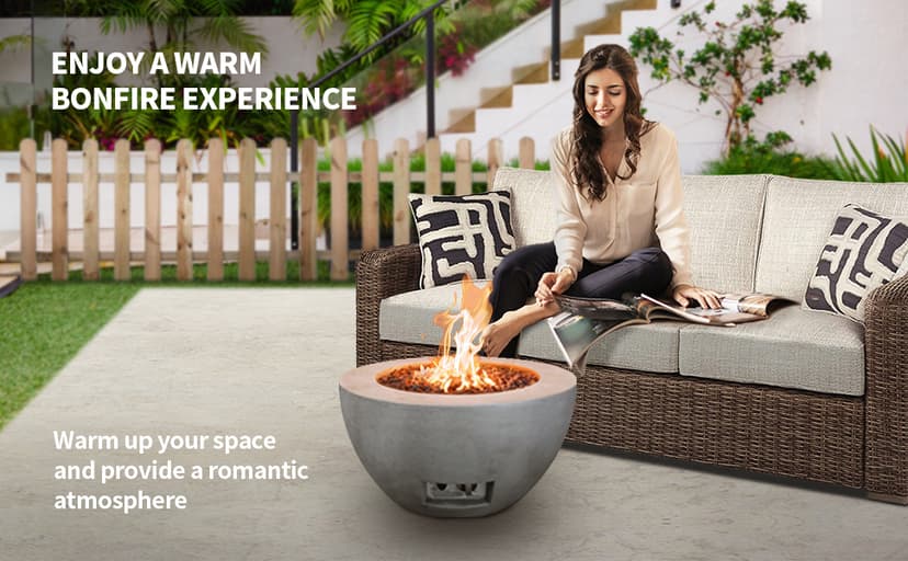 Kante 25 Inch Propane Fire Table, 50,000 BTU Large Concrete Fire Pit Table for Outdoor Garden Patio, Smokeless Gas Fire Pit with Waterproof Cover, Side Handles, Concrete (A-B01-80021)