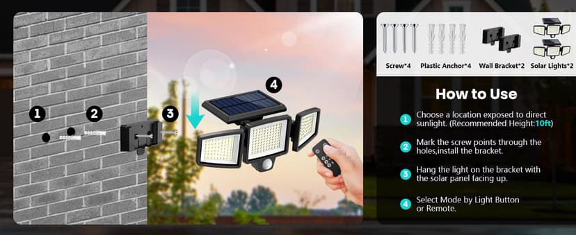 Tuffenough Solar Outdoor Lights 2500LM 210 LED Security Lights with Remote Control,3 Heads Motion Sensor Lights, IP65 Waterproof,270° Wide Angle Flood Wall Lights with 3 Modes(2 Packs)