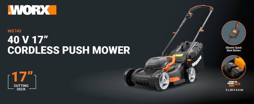 WORX 40V 17" Cordless Lawn Mower for Small Yards, 2-in-1 Electric Mower Cuts Quiet, Compact & Lightweight Push Lawn Mower with 7-Position Height Adjustment – 2 Batteries & Charger Included