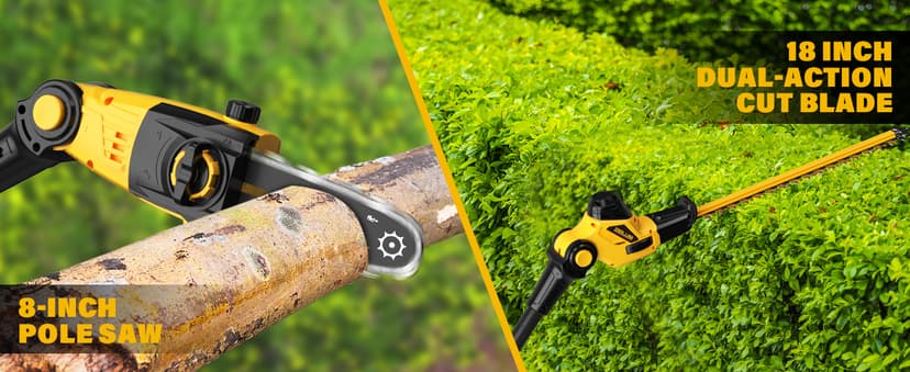 Pole Saw 8-Inch Cordless Tree Trimmer and 18-Inch Pole Hedge Trimmer 2-In-1,15-Feet Max Reach, Auto Oiling, Telescoping Pole Chainsaw with 2.0Ah Battery & Charger