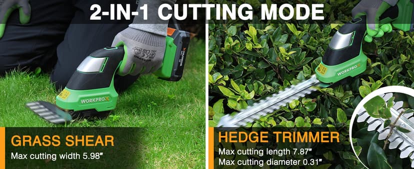 WORKPROX 20V Cordless Grass Shear & Shrubbery Trimmer - 2-in-1 Handheld Electric Grass Trimmer Hedge Shears/Grass Cutter, Rechargeable Lithium-Ion Battery and Type-C Cable Included