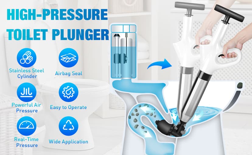 High Pressure Toilet Plunger, Air Drain Blaster Gun with Visual Barometer and Stainless Steel Plungers, Powerful Drain Clog Remover Tool for Sink, Toilet, Floor Drain - Heavy Duty Toilet Plungers