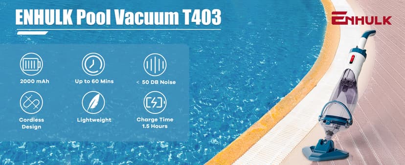 Pool Vacuum for Above Ground Pool with a Telescopic Pole, Running time up to 1H, T403 Handheld Rechargeable Pool Cleaner with Powerful Suction up to 18.5 gallons/min, Ideal for Leaves, Debris