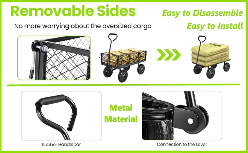 Homdox Steel Garden Cart 680 lbs Capacity Heavy Duty Garden Wagons,with Removable Steel Mesh Sides to Convert into Flatbed,Utility Metal Wagon w/ 180°Rotating Handle (Black, 680lbs)