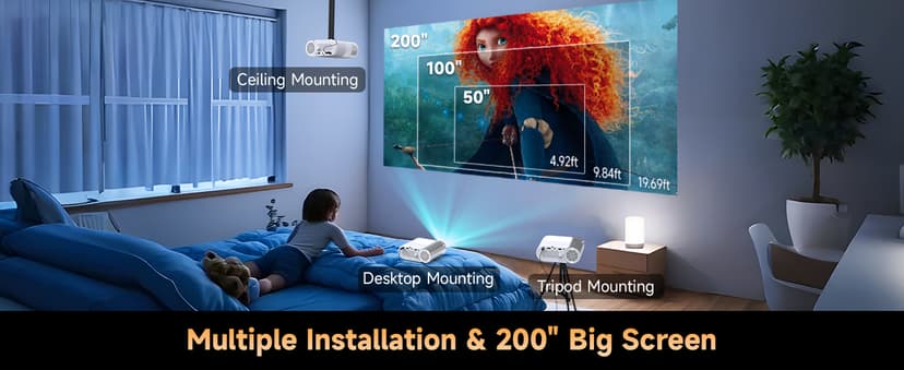 Outdoor Projector With WiFi and Bluetooth, 1080P Movie Projectors for Phone, Home Theater Projector for Bedroom, 200” Screen Wireless WiFi Projector with 3W Speaker for iPhone/HDMI/USB/TV Stick