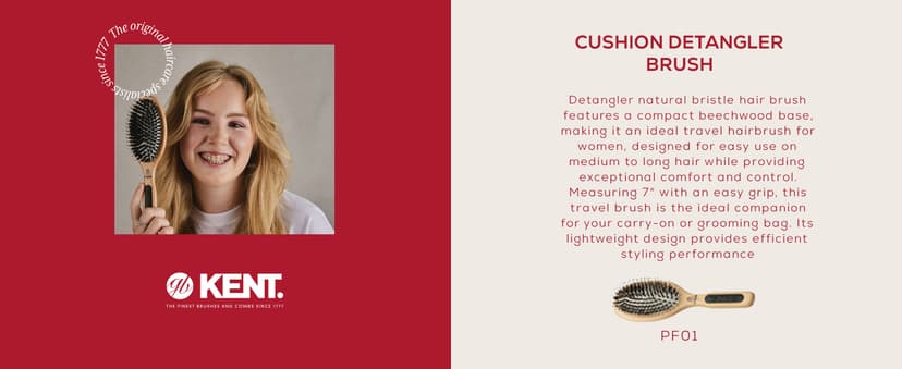 KENT PF01 Large Cushion Detangler Brush, Boar Bristle and Non-Scratch Nylon Mix Hairbrush for Straightening Smoothing. Oval Wood Paddle Detangling Hair Brush for Medium to Long Hair, Made in England